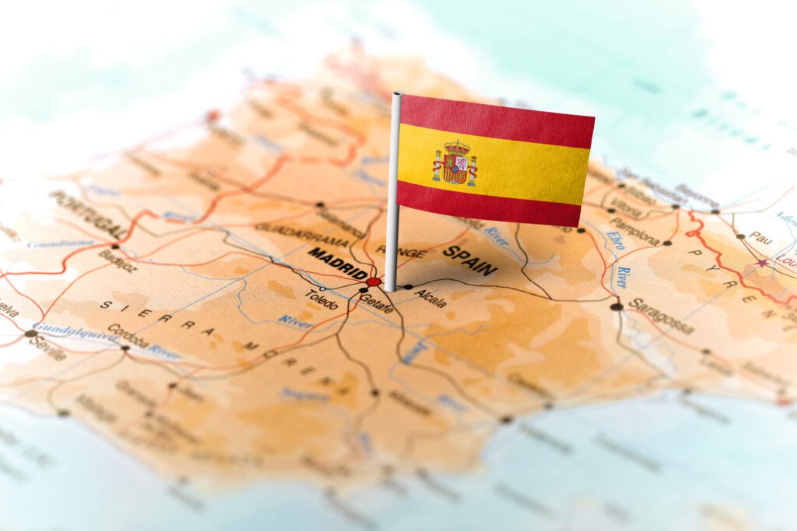 Map of Spain with a Spanish flag pin